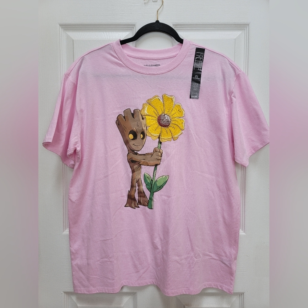 Marvel Groot Pink Short Sleeve T-Shirt with Yellow Flower Size Large NWT